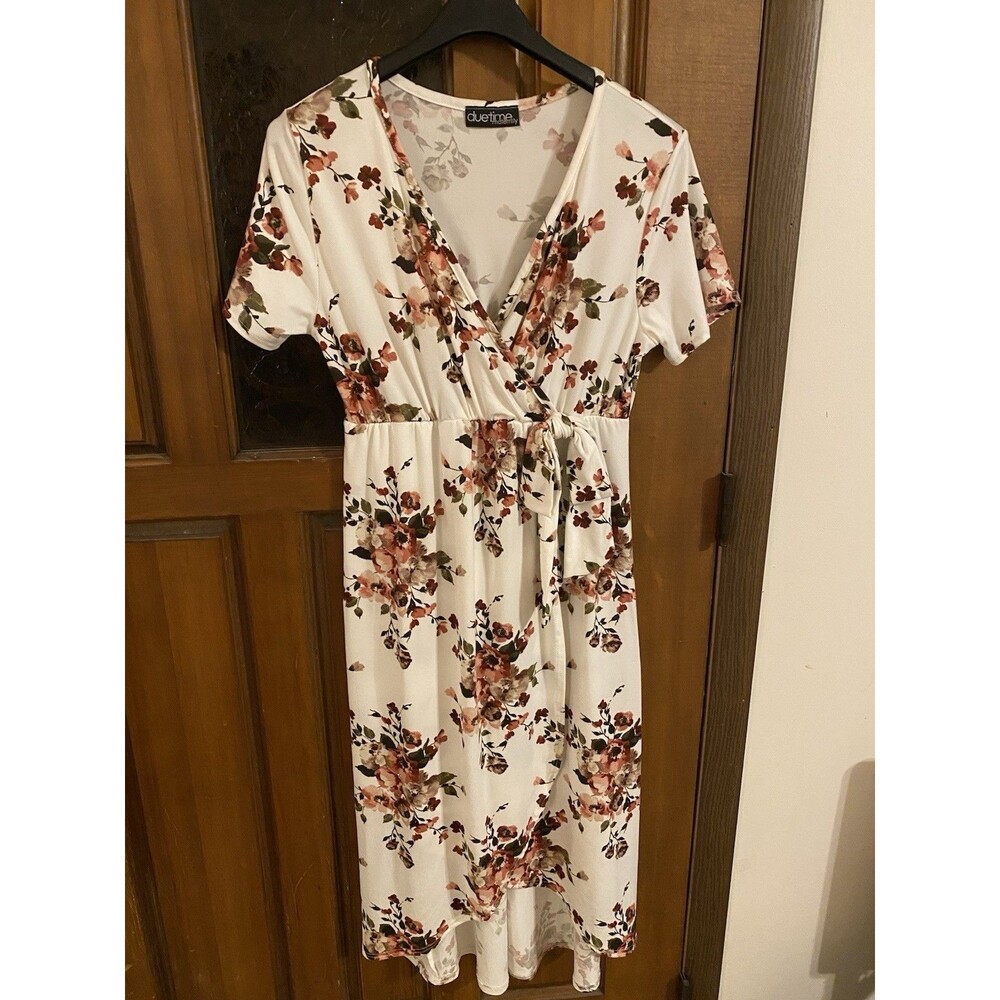 Due Time Maternity Size L Short Sleeve Dress White/Pink Floral Mid Length EUC